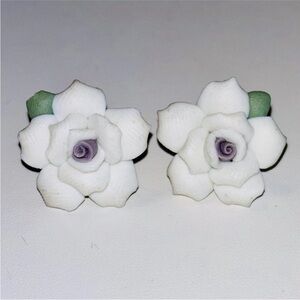 Vintage White Porcelain Rose Stud Earrings Cottagecore Floral Bridal Romantic